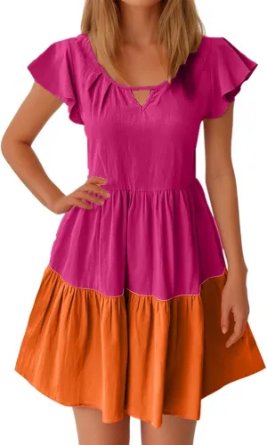 Women Ruffle Sleeve Mini Dress Fashion Color Block Notch V Neck Lounge Dresses Novelty Going Out T-Shirt Dress