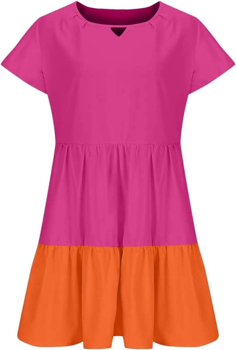 Women Ruffle Sleeve Mini Dress Fashion Color Block Notch V Neck Lounge Dresses Novelty Going Out T-Shirt Dress