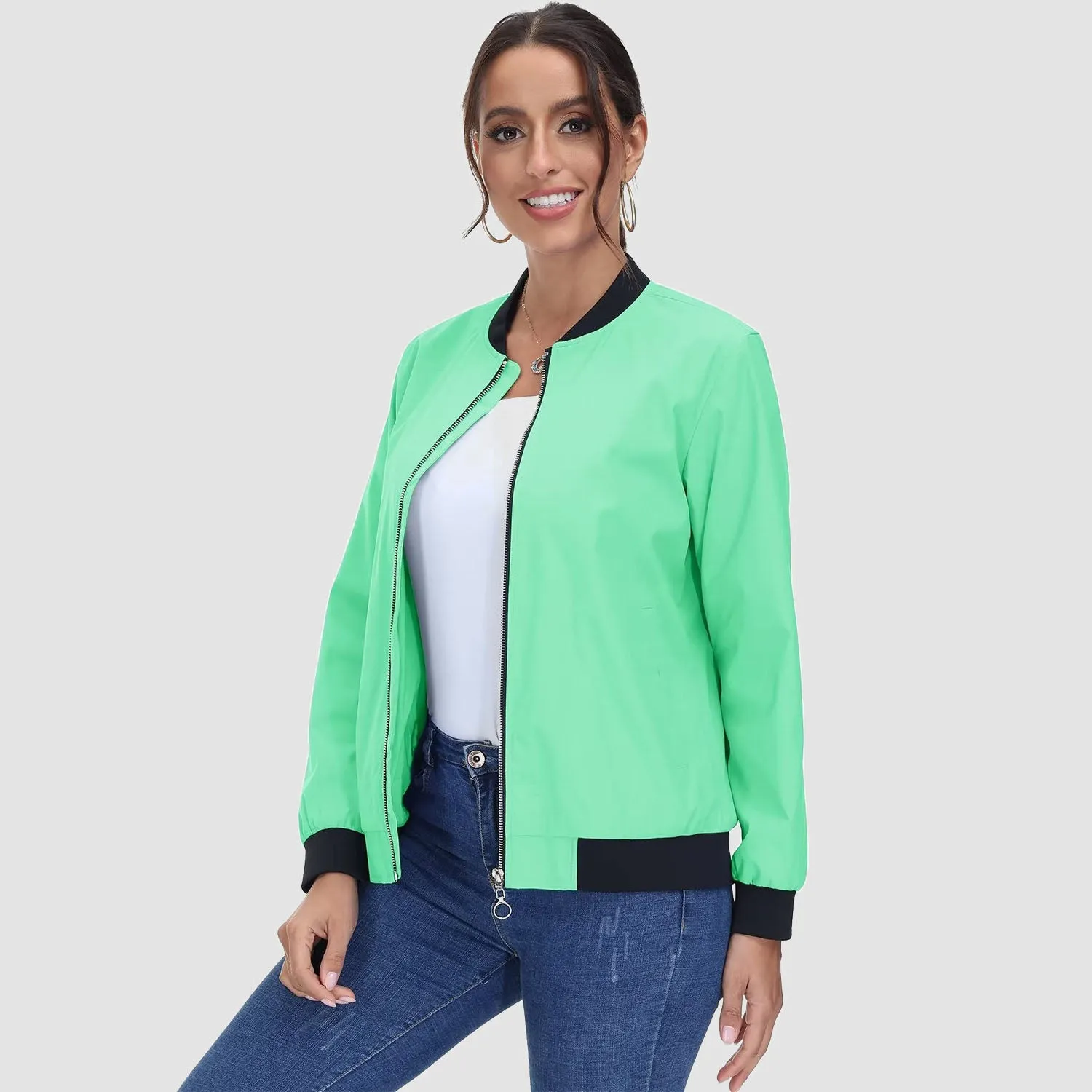 Women's Bomber Jacket Casual Zip Up Lightweight Coat Outerwear Windbreaker