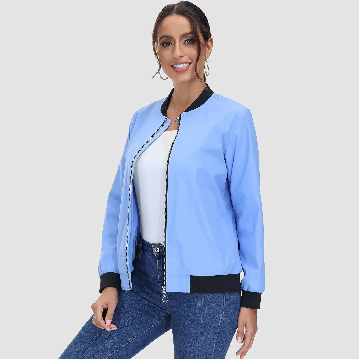 Women's Bomber Jacket Casual Zip Up Lightweight Coat Outerwear Windbreaker