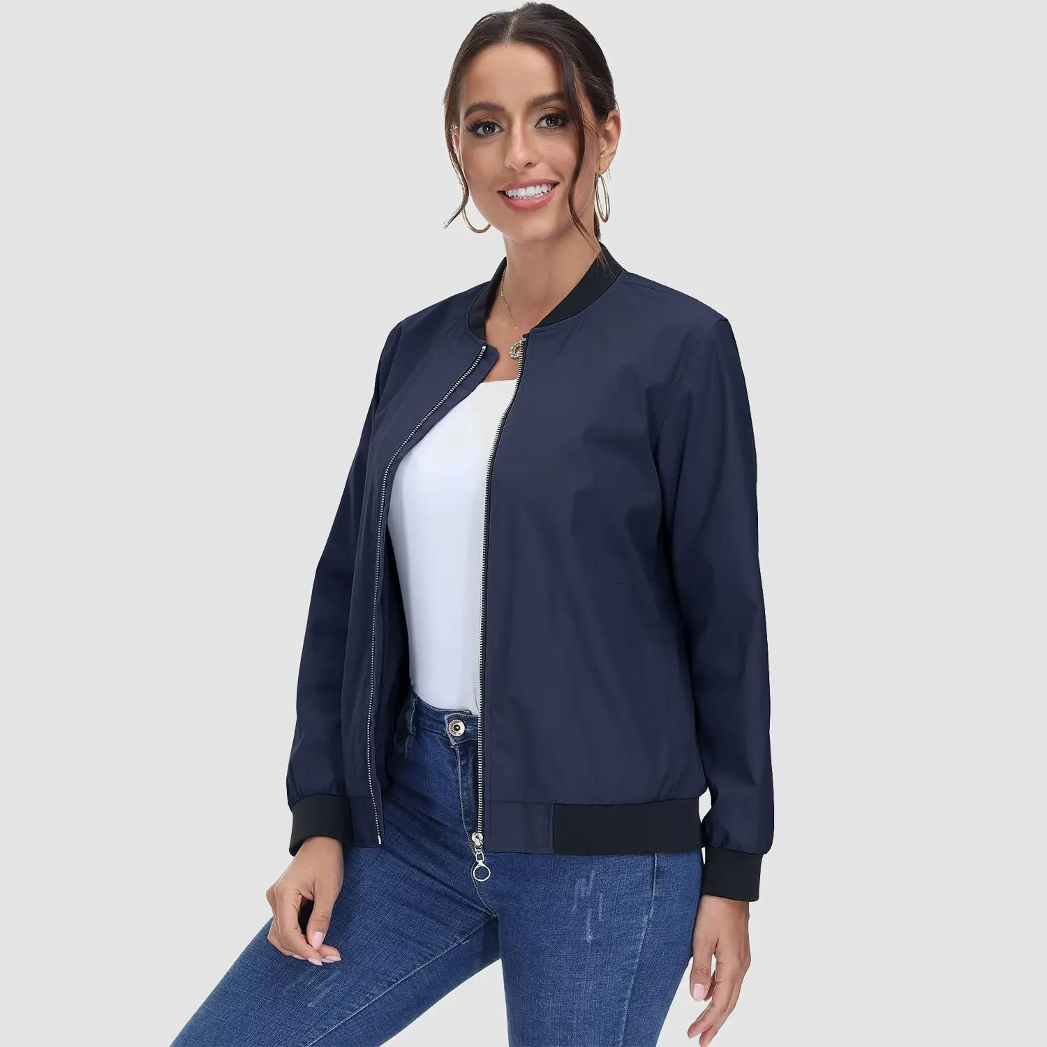 Women's Bomber Jacket Casual Zip Up Lightweight Coat Outerwear Windbreaker