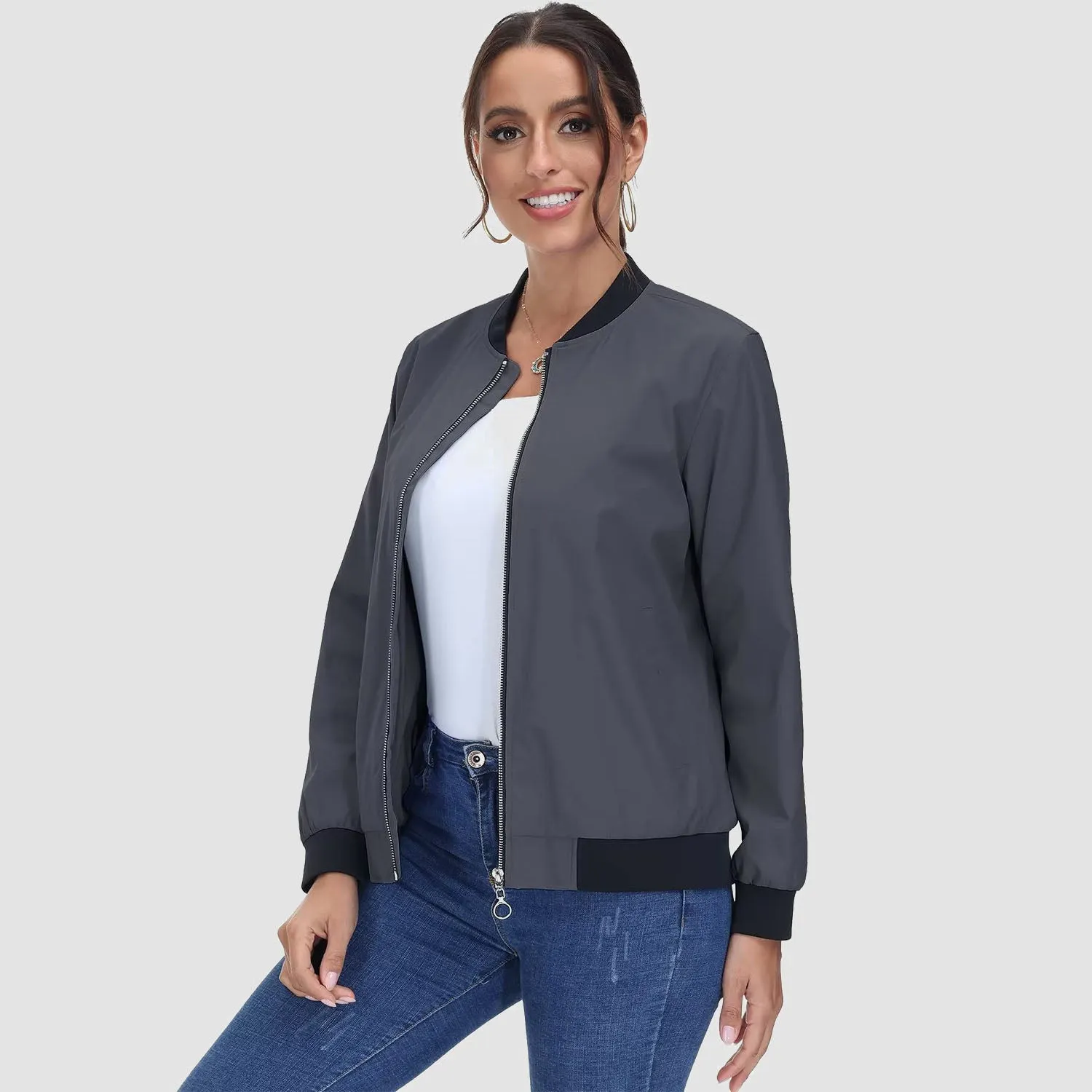 Women's Bomber Jacket Casual Zip Up Lightweight Coat Outerwear Windbreaker