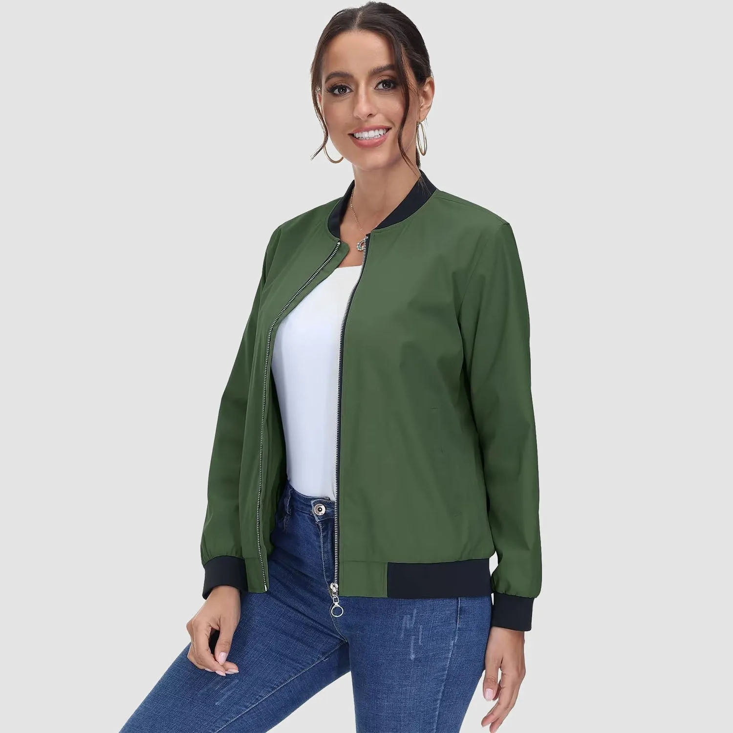 Women's Bomber Jacket Casual Zip Up Lightweight Coat Outerwear Windbreaker