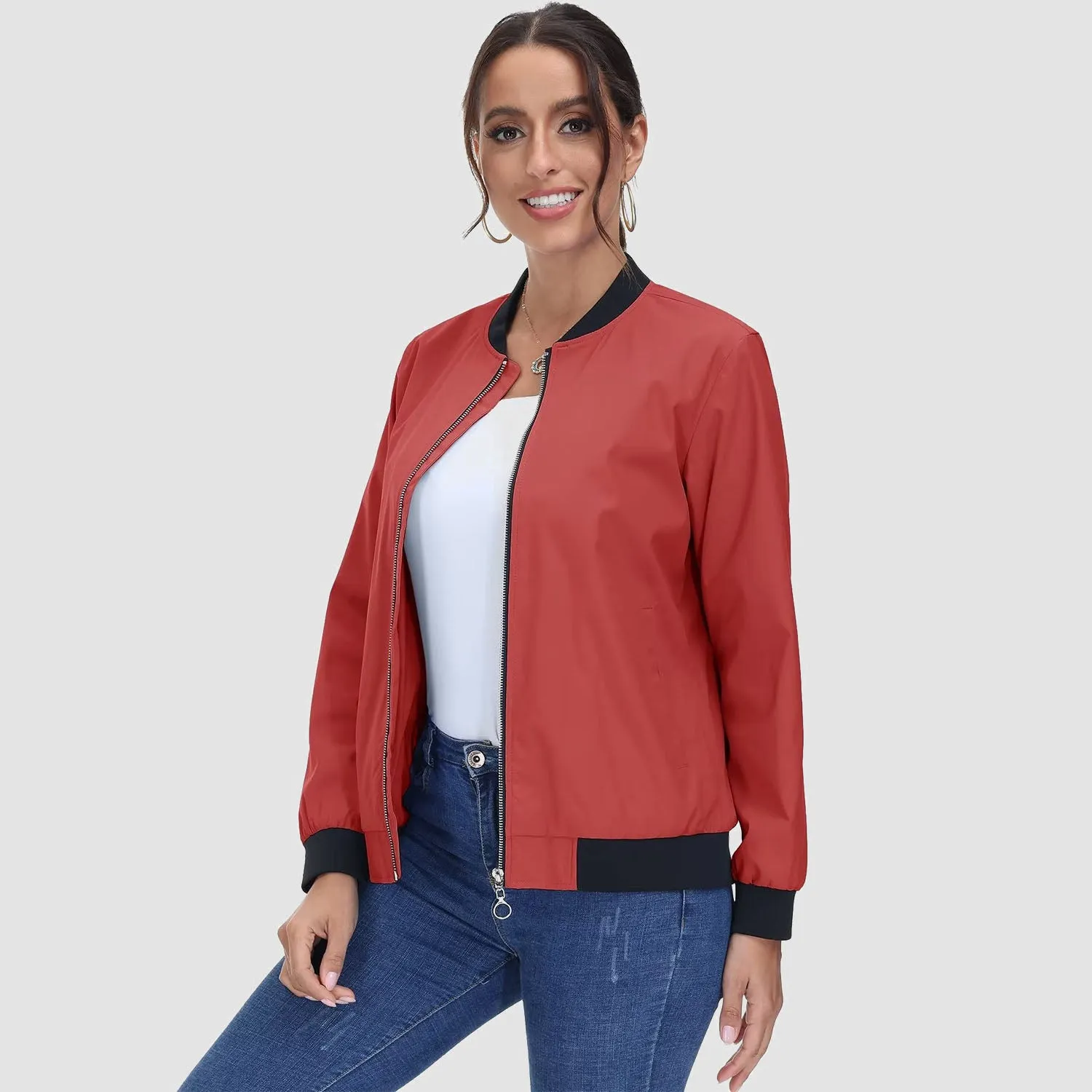 Women's Bomber Jacket Casual Zip Up Lightweight Coat Outerwear Windbreaker