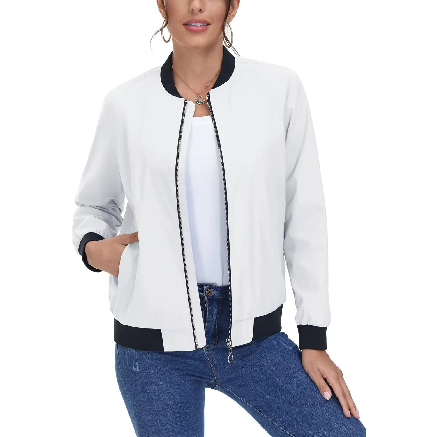 Women's Bomber Jacket Casual Zip Up Lightweight Coat Outerwear Windbreaker