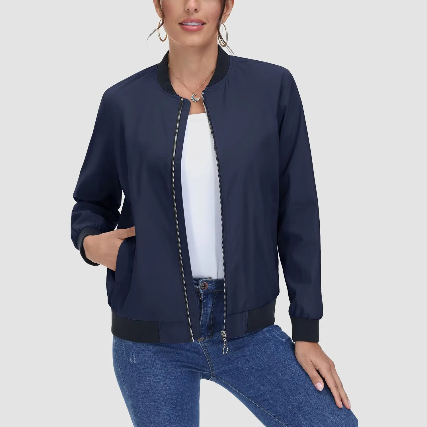 Women's Bomber Jacket Casual Zip Up Lightweight Coat Outerwear Windbreaker