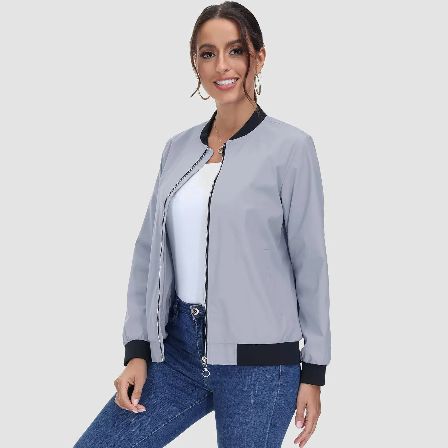 Women's Bomber Jacket Casual Zip Up Lightweight Coat Outerwear Windbreaker