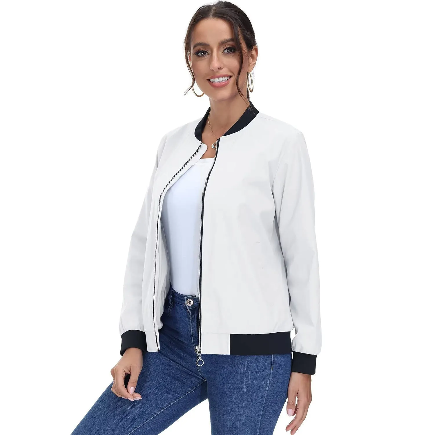 Women's Bomber Jacket Casual Zip Up Lightweight Coat Outerwear Windbreaker