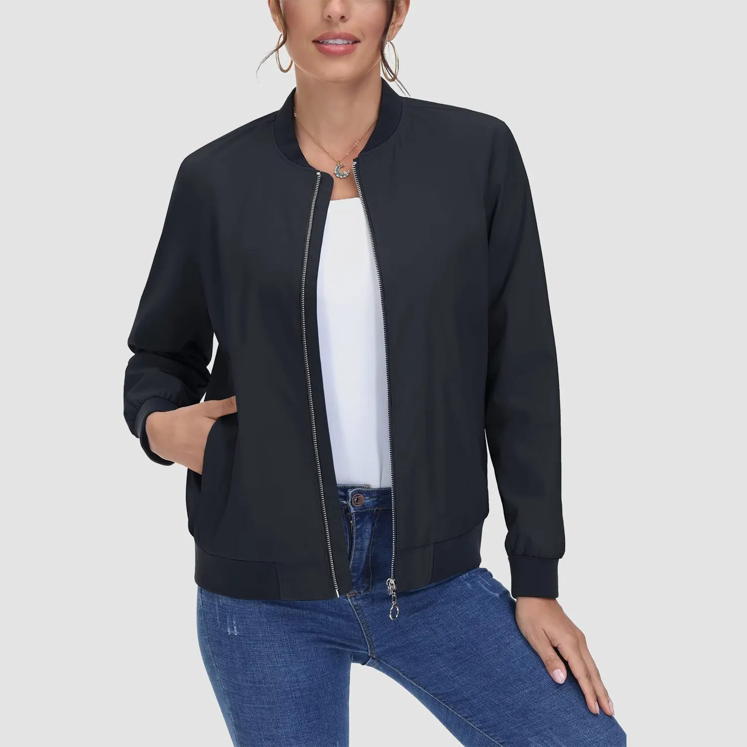 Women's Bomber Jacket Casual Zip Up Lightweight Coat Outerwear Windbreaker