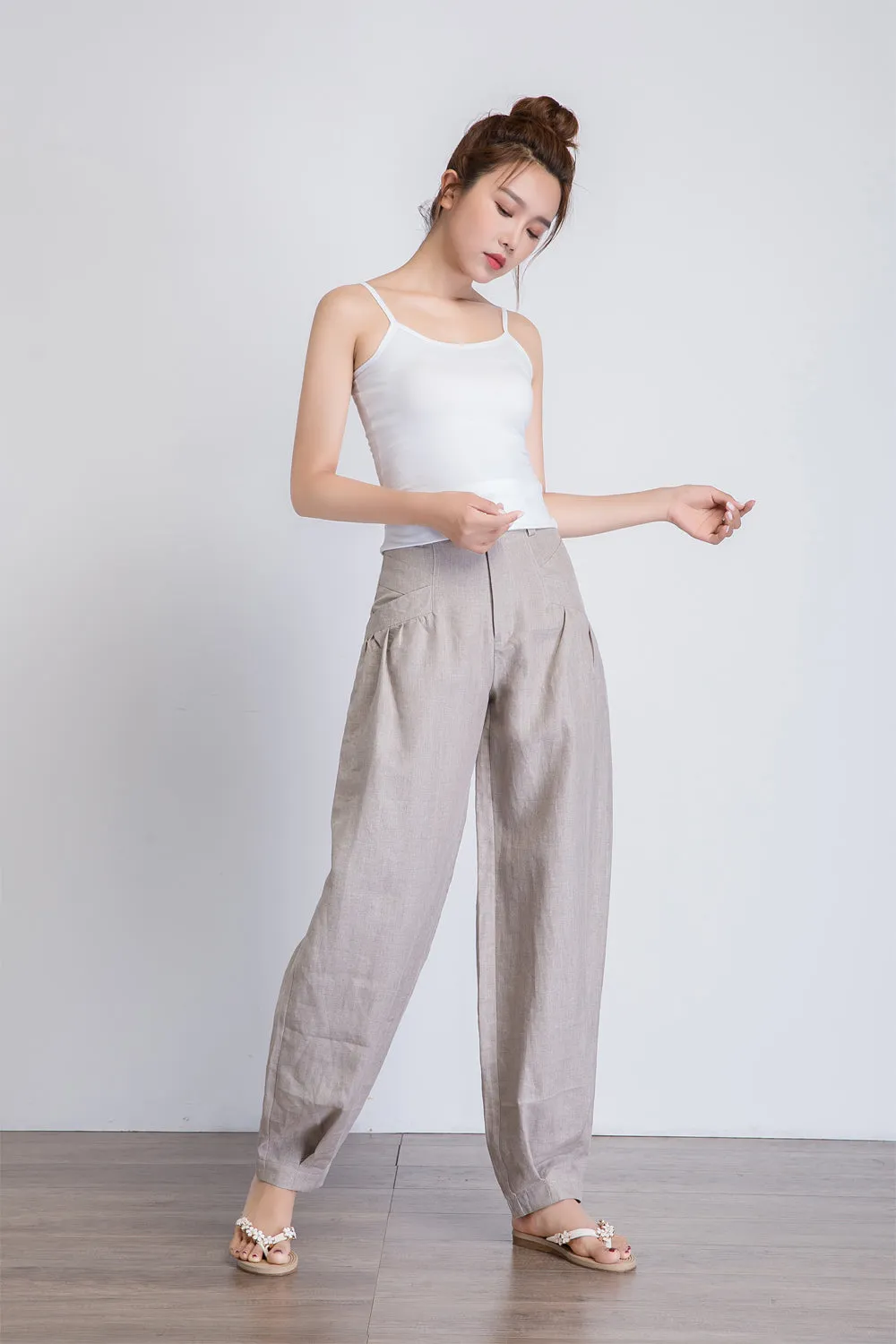 women's casual grey linen baggy pants 1940#