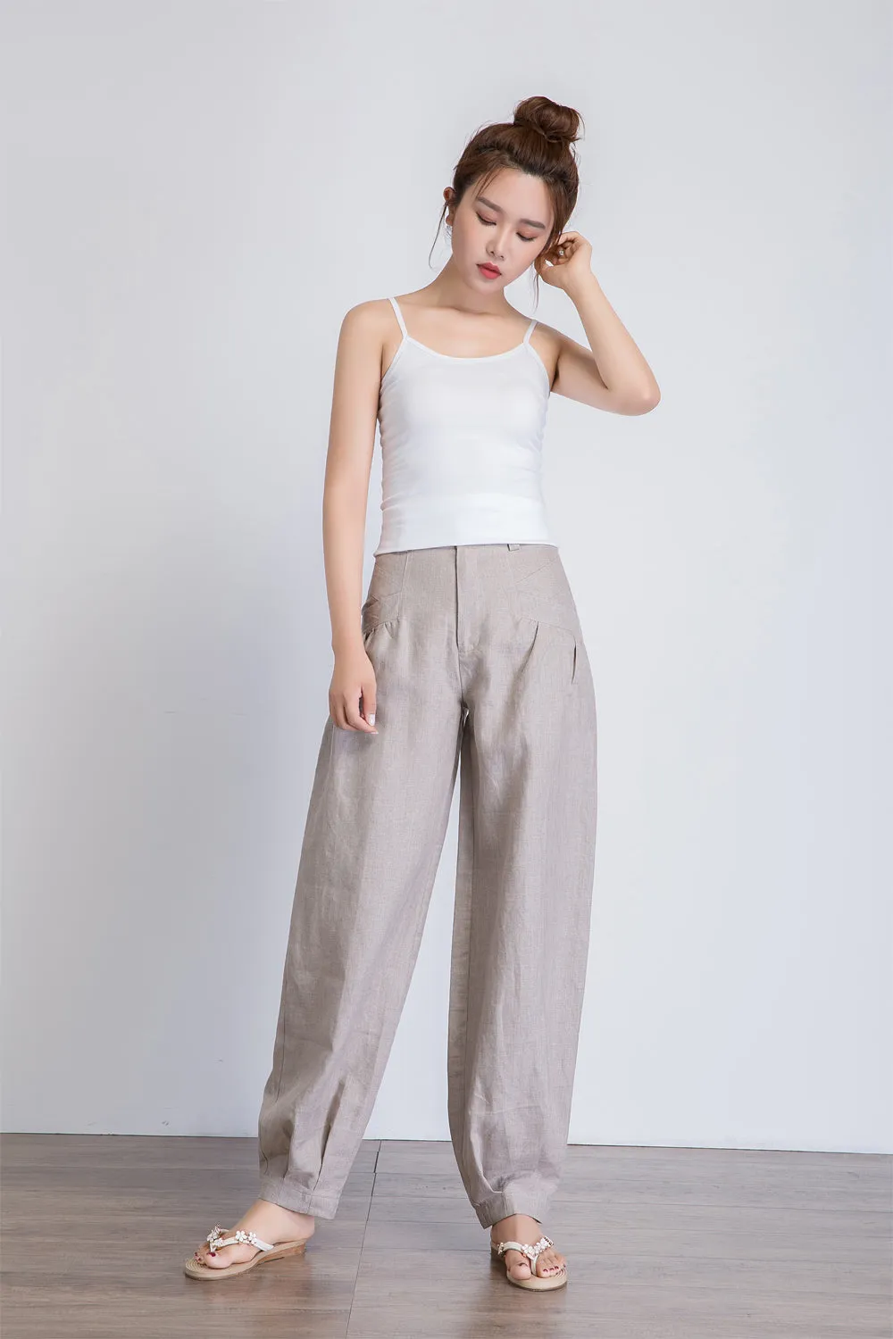 women's casual grey linen baggy pants 1940#