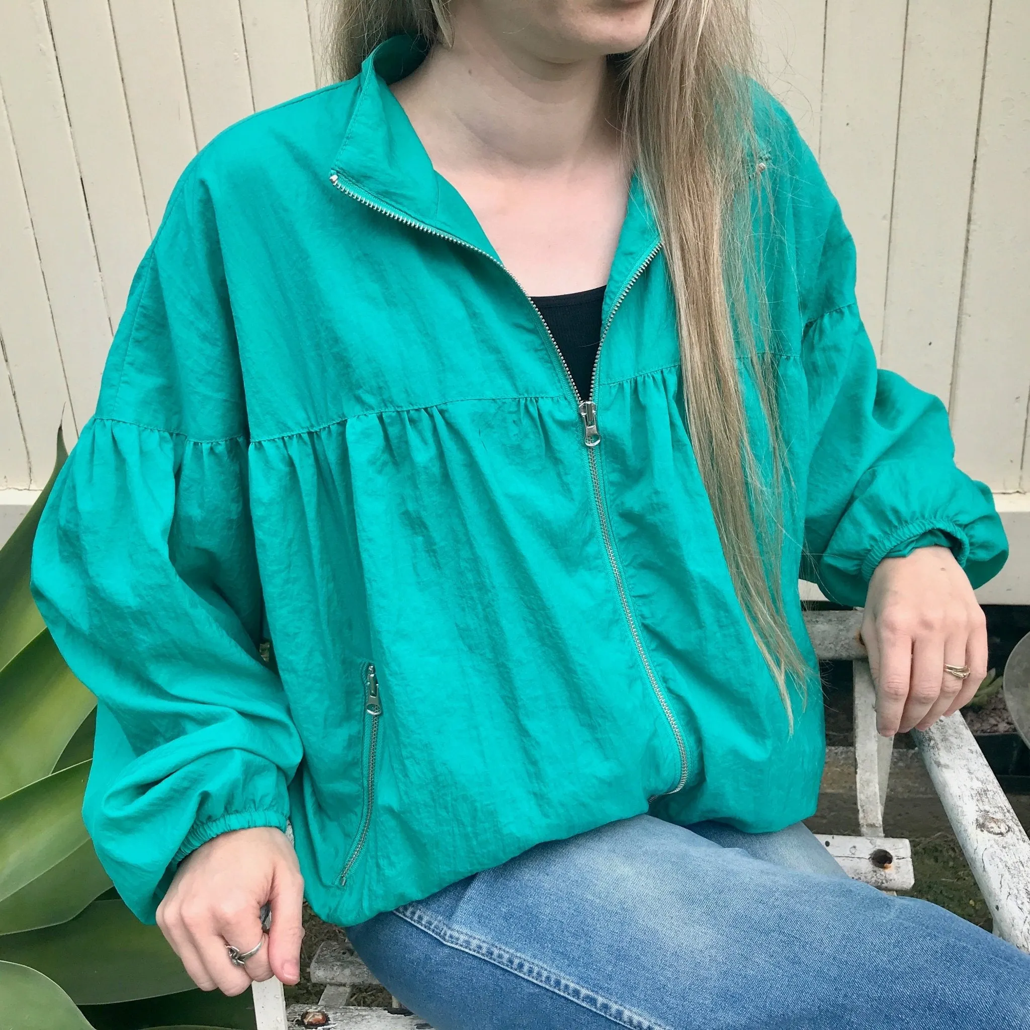 Women's Free People Bright Teal Balloon Sleeve Bomber Jacket Sz S - OOAK