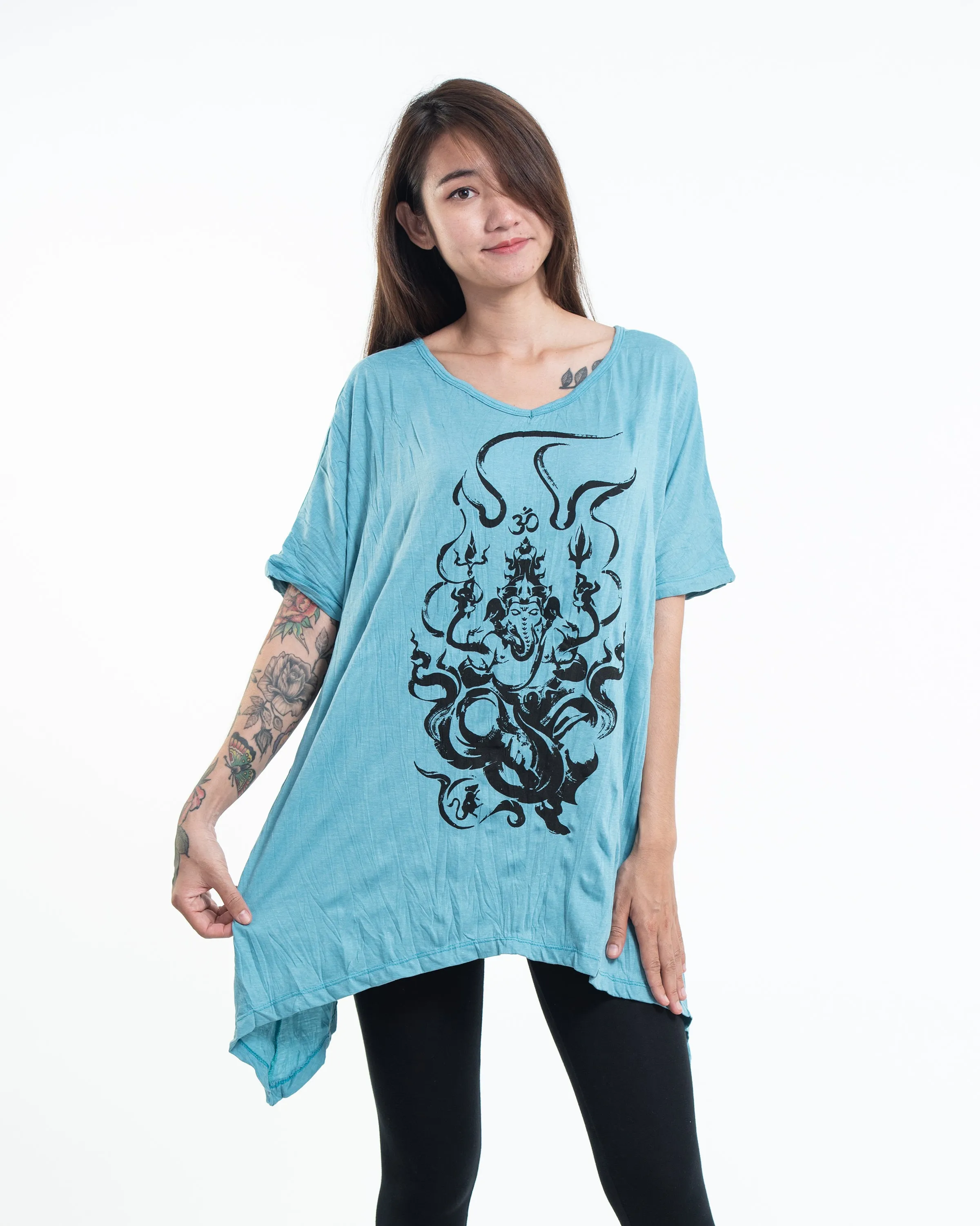 Womens Ganesh Chakra Loose V Neck T-Shirt in Turquoise