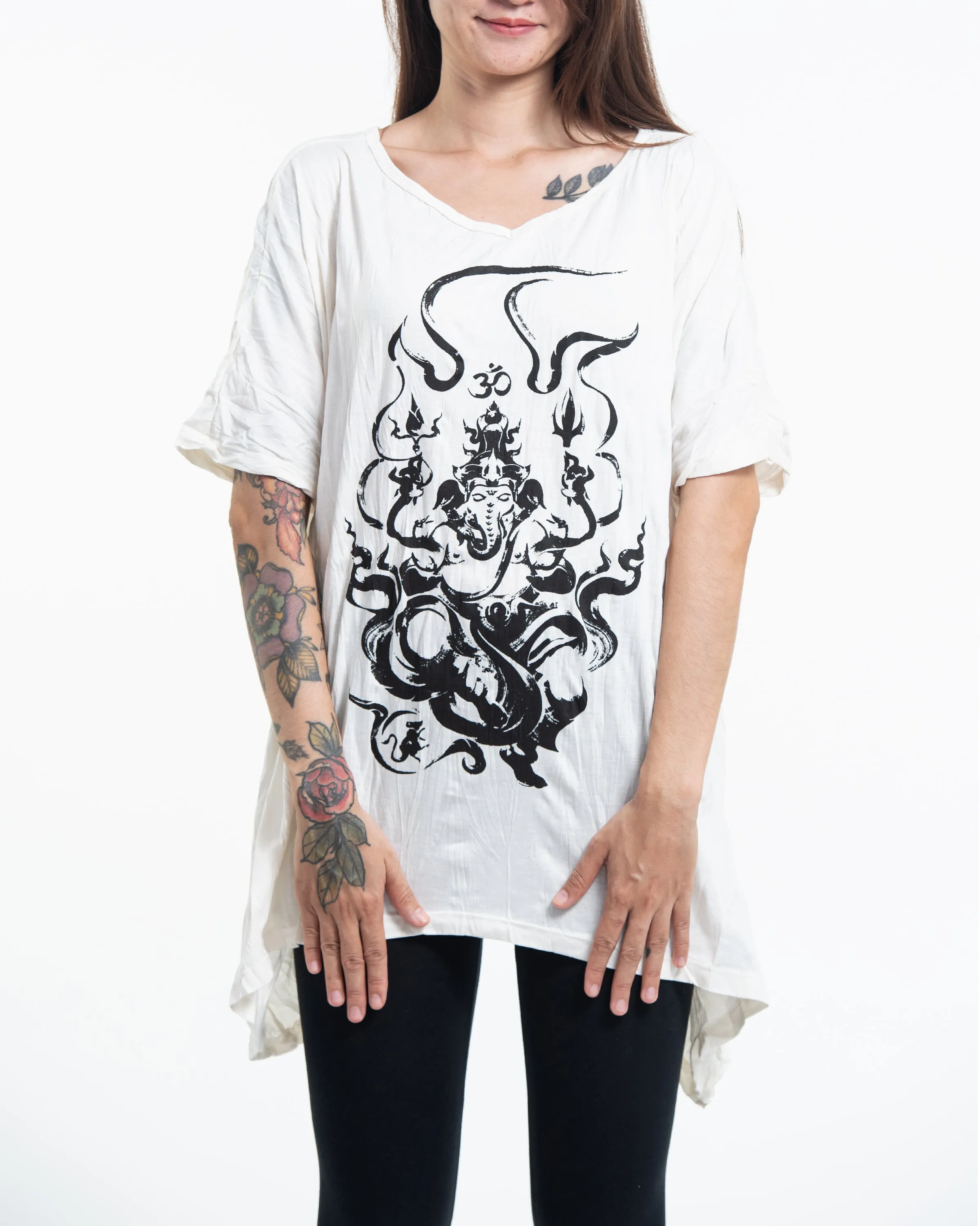 Womens Ganesh Chakra Loose V Neck T-Shirt in White