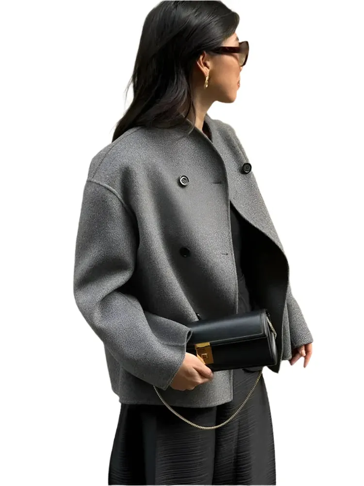 Women's Retro Woolen Coat – Loose Fit, Double-Breasted Short Jacket with Stand Collar, Office Lady Outerwear for Autumn/Winter