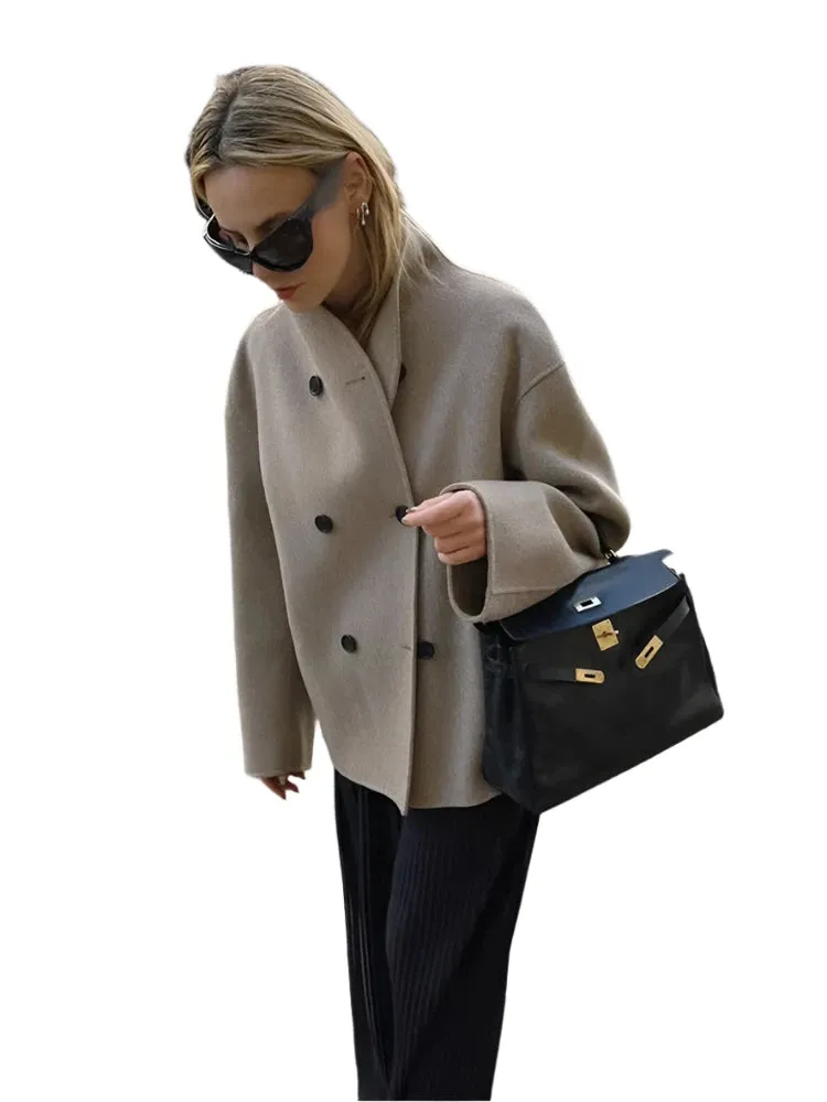 Women's Retro Woolen Coat – Loose Fit, Double-Breasted Short Jacket with Stand Collar, Office Lady Outerwear for Autumn/Winter