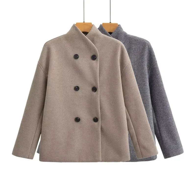 Women's Retro Woolen Coat – Loose Fit, Double-Breasted Short Jacket with Stand Collar, Office Lady Outerwear for Autumn/Winter