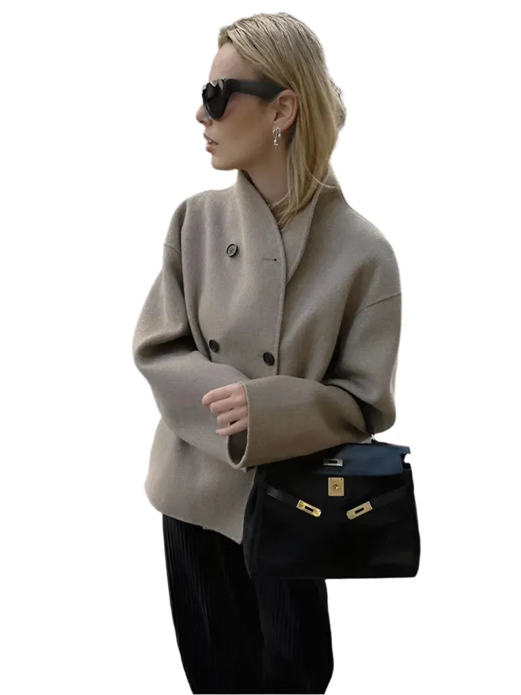 Women's Retro Woolen Coat – Loose Fit, Double-Breasted Short Jacket with Stand Collar, Office Lady Outerwear for Autumn/Winter