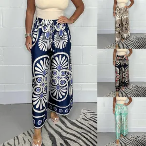 Womens Stylish Printed Satin Wide-Leg Pants
