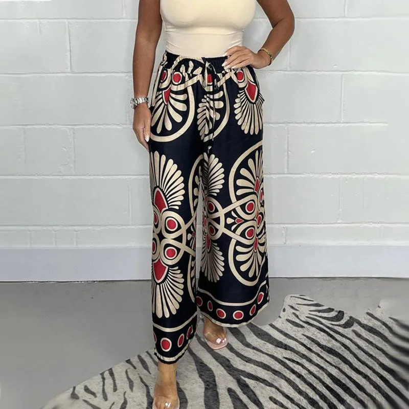 Womens Stylish Printed Satin Wide-Leg Pants