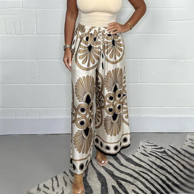 Womens Stylish Printed Satin Wide-Leg Pants