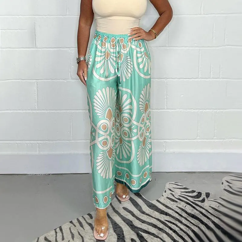 Womens Stylish Printed Satin Wide-Leg Pants