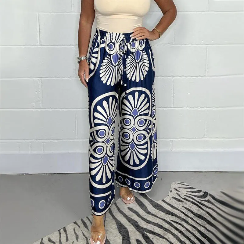 Womens Stylish Printed Satin Wide-Leg Pants