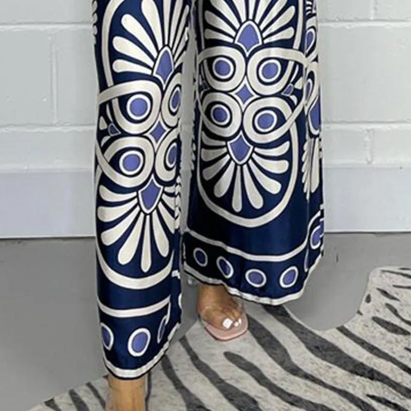 Womens Stylish Printed Satin Wide-Leg Pants