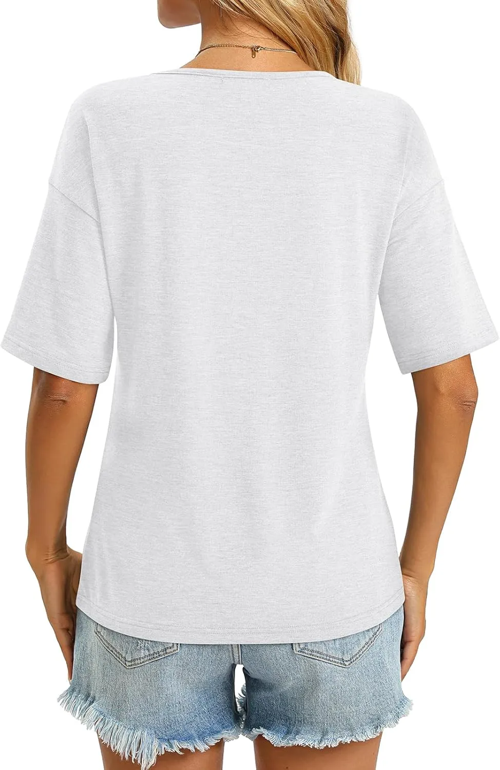 Women's V Neck Tops Elbow Length Shirts Loose Fit Summer Tops Basic Tees