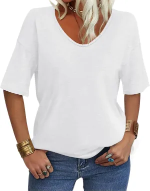 Women's V Neck Tops Elbow Length Shirts Loose Fit Summer Tops Basic Tees