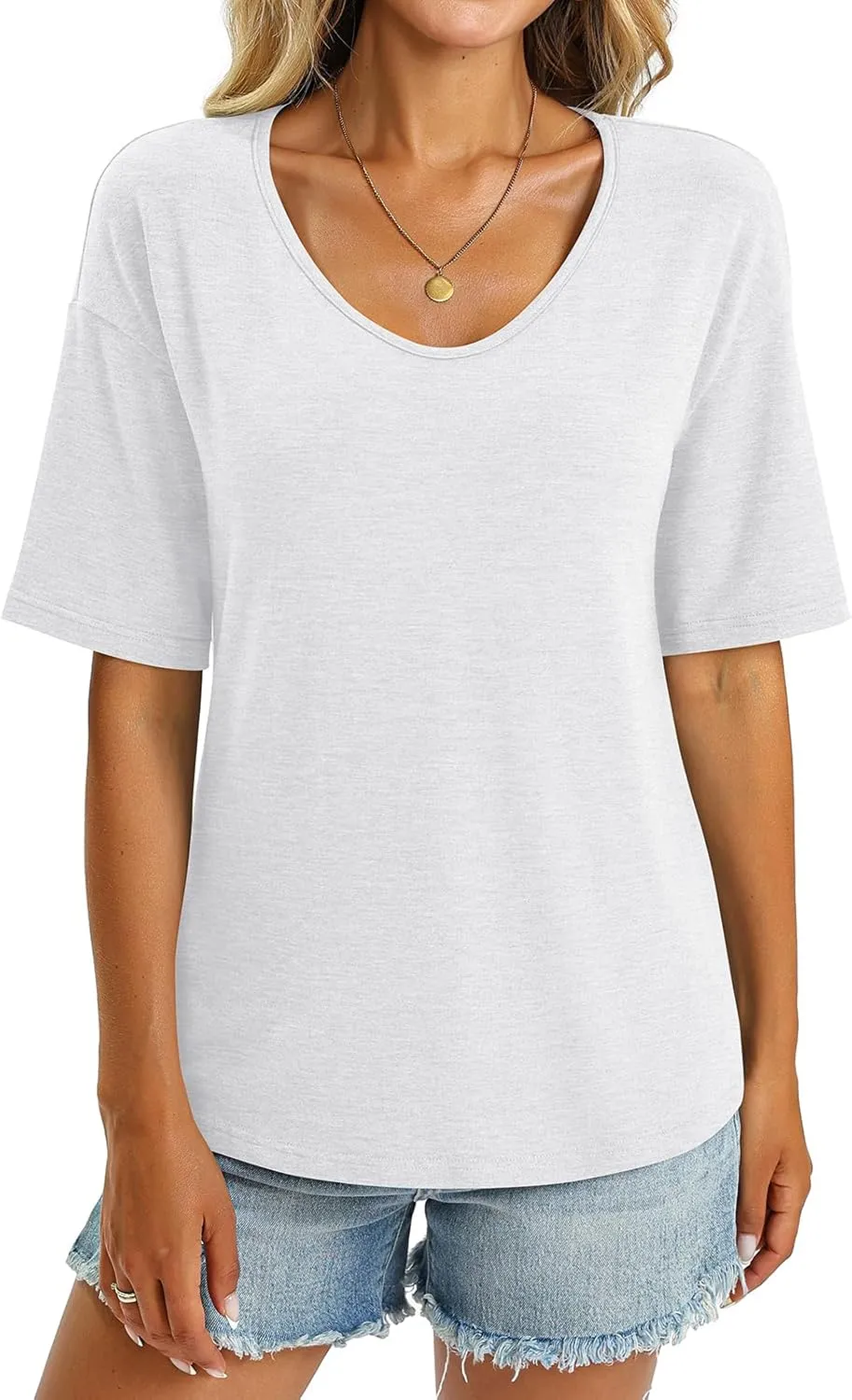 Women's V Neck Tops Elbow Length Shirts Loose Fit Summer Tops Basic Tees