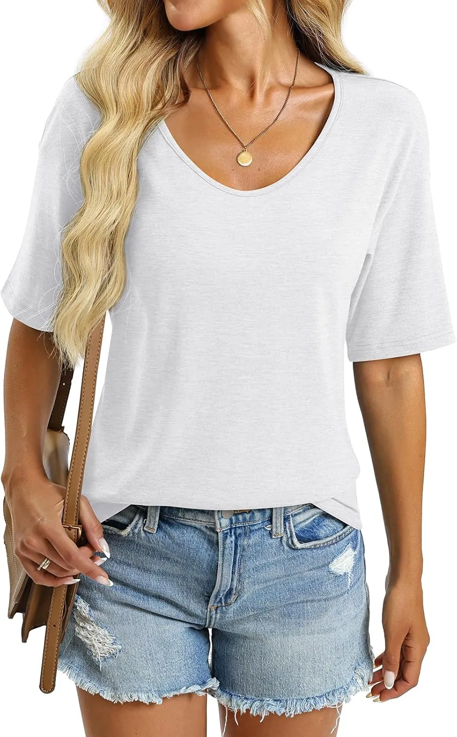 Women's V Neck Tops Elbow Length Shirts Loose Fit Summer Tops Basic Tees