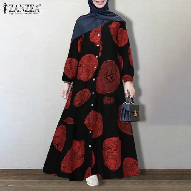 ZANZEA Vintage Floral Printed Sundress Long Sleeve Loose Maxi Long  Hijab Dress