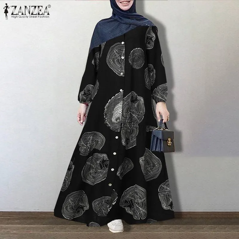ZANZEA Vintage Floral Printed Sundress Long Sleeve Loose Maxi Long  Hijab Dress