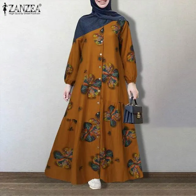 ZANZEA Vintage Floral Printed Sundress Long Sleeve Loose Maxi Long  Hijab Dress