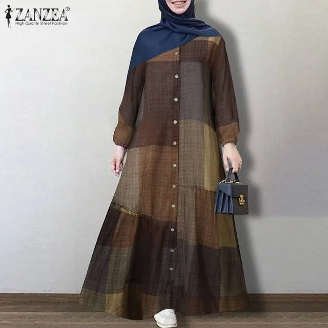 ZANZEA Vintage Floral Printed Sundress Long Sleeve Loose Maxi Long  Hijab Dress