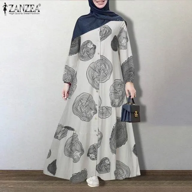 ZANZEA Vintage Floral Printed Sundress Long Sleeve Loose Maxi Long  Hijab Dress