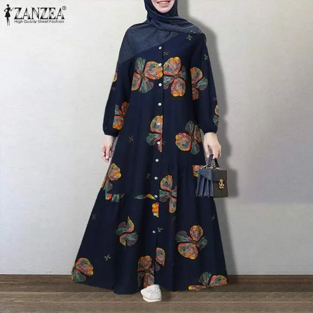 ZANZEA Vintage Floral Printed Sundress Long Sleeve Loose Maxi Long  Hijab Dress