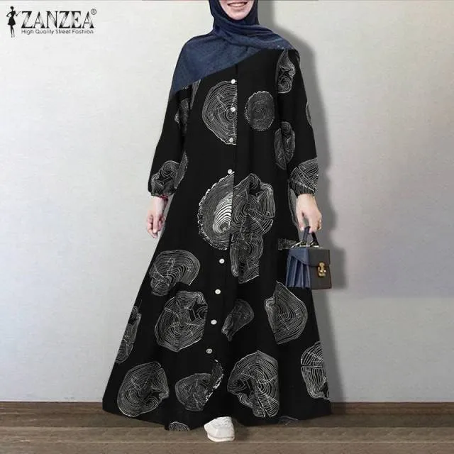 ZANZEA Vintage Floral Printed Sundress Long Sleeve Loose Maxi Long  Hijab Dress
