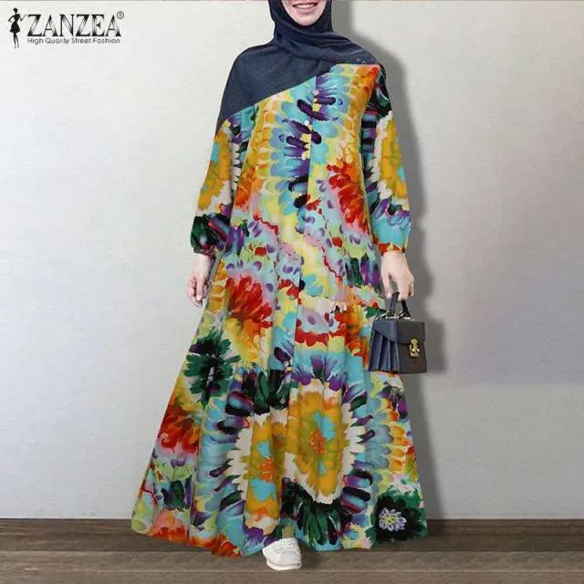 ZANZEA Vintage Floral Printed Sundress Long Sleeve Loose Maxi Long  Hijab Dress