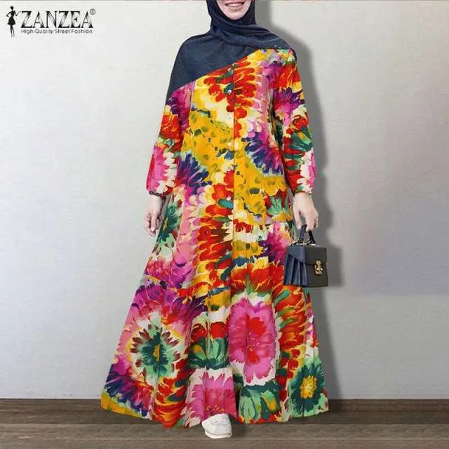 ZANZEA Vintage Floral Printed Sundress Long Sleeve Loose Maxi Long  Hijab Dress