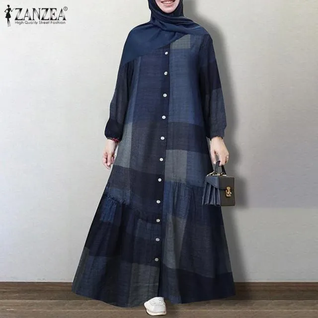 ZANZEA Vintage Floral Printed Sundress Long Sleeve Loose Maxi Long  Hijab Dress