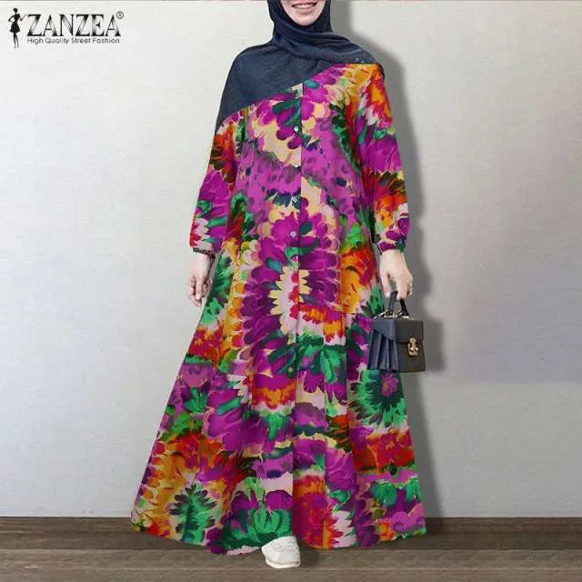 ZANZEA Vintage Floral Printed Sundress Long Sleeve Loose Maxi Long  Hijab Dress