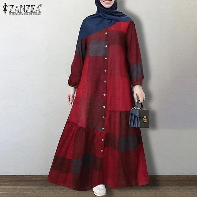 ZANZEA Vintage Floral Printed Sundress Long Sleeve Loose Maxi Long  Hijab Dress