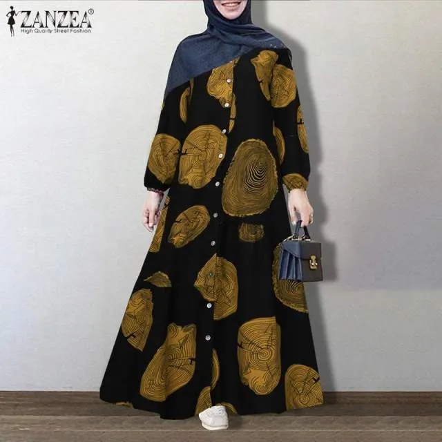 ZANZEA Vintage Floral Printed Sundress Long Sleeve Loose Maxi Long  Hijab Dress