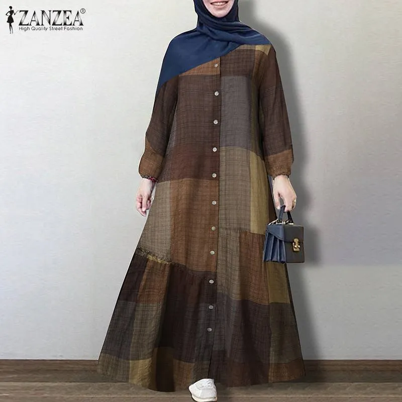 ZANZEA Vintage Floral Printed Sundress Long Sleeve Loose Maxi Long  Hijab Dress