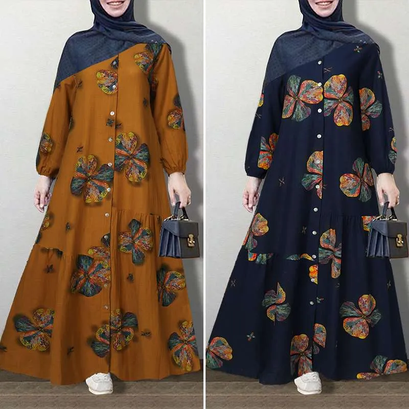 ZANZEA Vintage Floral Printed Sundress Long Sleeve Loose Maxi Long  Hijab Dress
